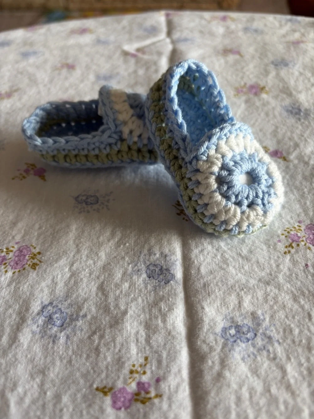 Handmade Baby Crochet Moccasins in Light Blue & White